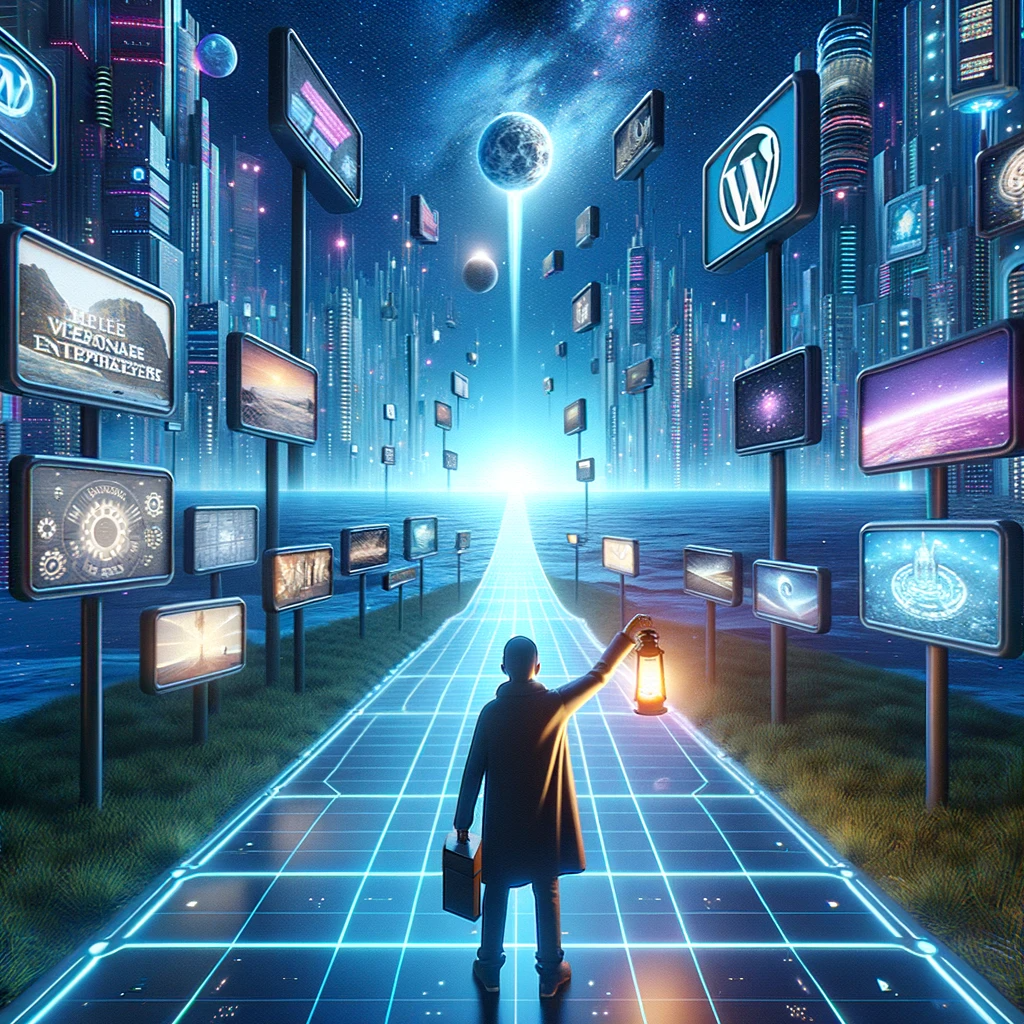 Render of a discerning entrepreneur on their digital journey. The pathway they stand on has billboards with symbolic representations of different WordPress agencies. In their hand is a lantern, illuminating their choices and the futuristic surroundings, which include floating screens and digital projections. The horizon reveals a luminous city, representing their aspirations and the ideal WordPress agency. The color palette is a blend of techy blues and radiant cyberspace-neons.