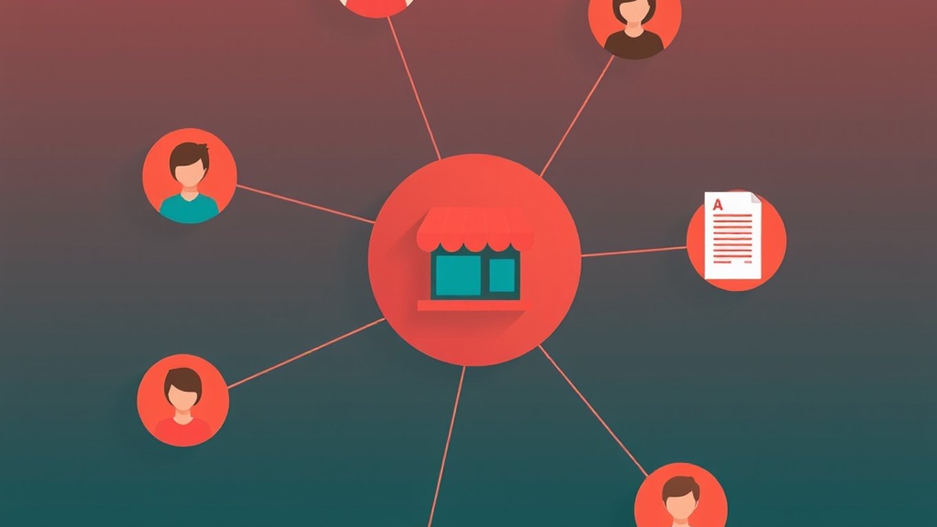 Illustration éditoriale abstraite montrant un réseau de créateurs de contenu connectés autour d'une boutique en ligne, dans une palette corail et bleu sarcelle.