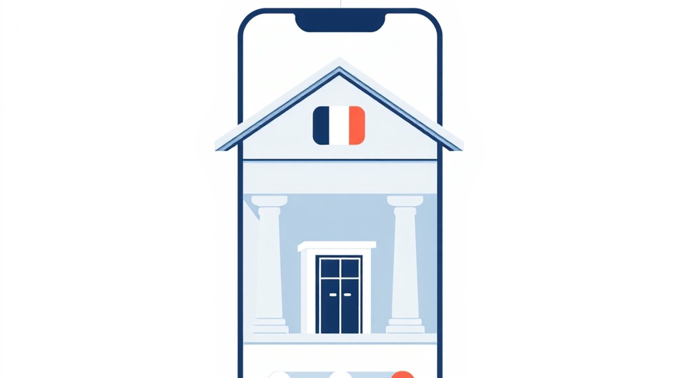 Illustration éditoriale abstraite d'une banque stylisée fusionnée avec une interface d'application bancaire mobile, dans des tons bleu marine et corail