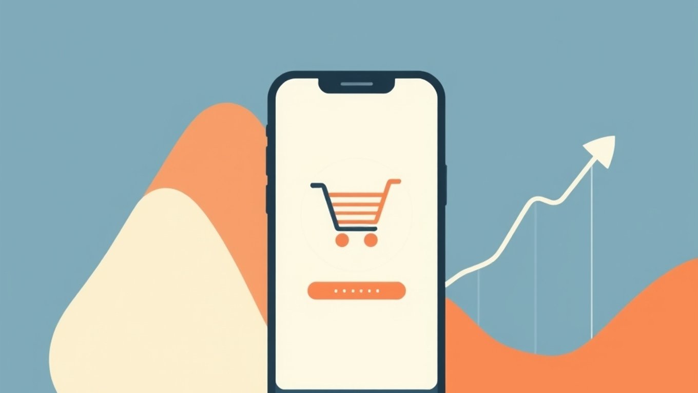 Illustration éditoriale abstraite représentant le e-commerce : un smartphone stylisé avec un panier d'achat et des formes géométriques évoquant une courbe de croissance.